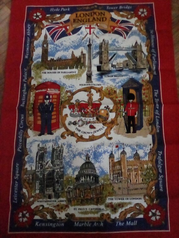 London England Cotton Linen Tea Towel, London Souvenir Tea Towel, London England Iconic Sites Towel