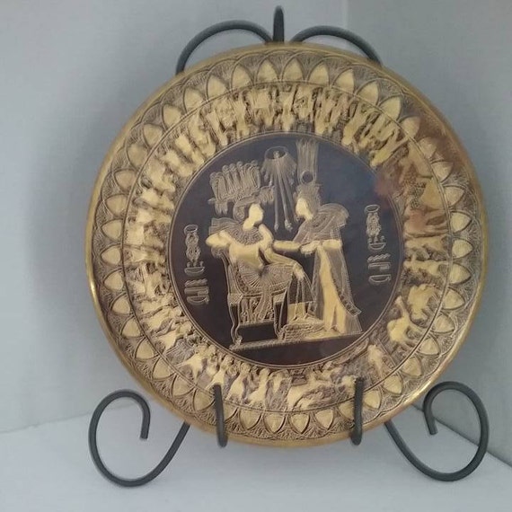 Egyptian Gold and Black Hand Engraved Plate, Egyptian Brass c/w Gold and Black Inlay, Vintage Egyptian Gold and Black Inlay Ornamental Plate