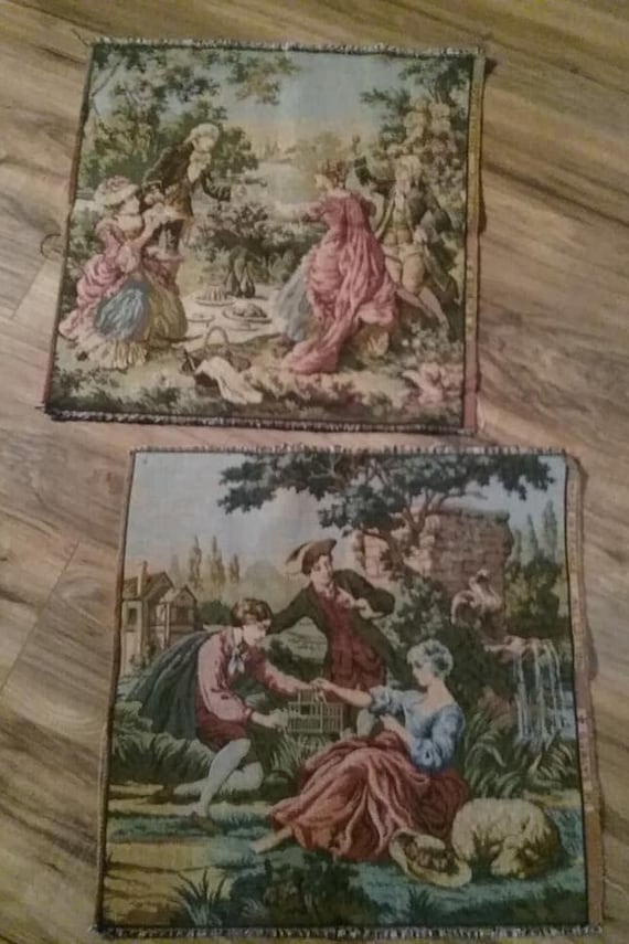 Vintage French Tapestry Panels, Two Remnant Pieces, French Garden Scenes