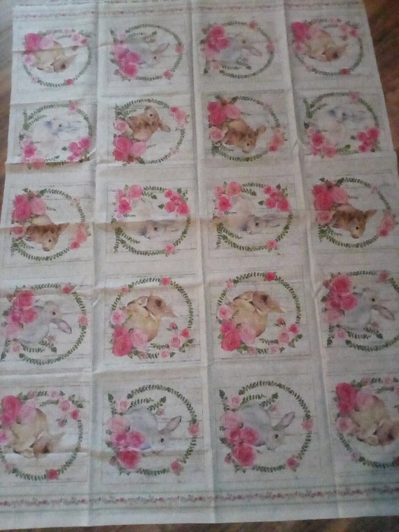 Bunny Panels, 4 Cotton Panels Uncut, Rabbits and Flowers Cotton Fabric, Bunny Love Panels