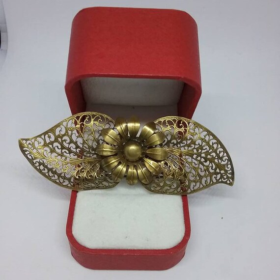 Vintage Floral Brooch with Filigree Leaves ,