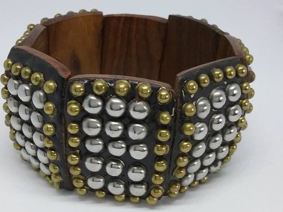 Vintage Wooden Studded Cuff, Stretch Bracelet