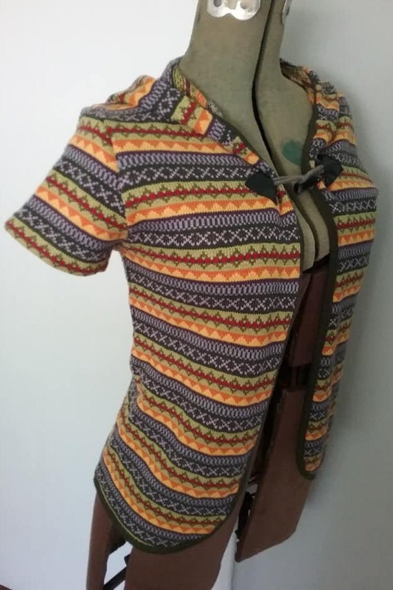 Vintage Boho Chic Sweater, 60/70s Sweater Vest Cardigan Hoodie, Vintage Women's Short Sleeve Cardigan Sweater, Aztec or Geometric Pattern