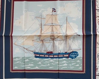 1 Yard Nautical Tall Ship Cotton Fabric Pillow Pattern, Ancient Mariners Tall Ship Anchor Cross, 1 Single Panel