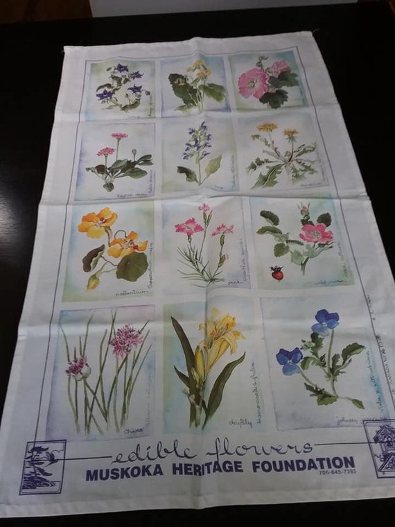 Floral Tea Towel, Edible Flowers Fabric Art, Made in Canada