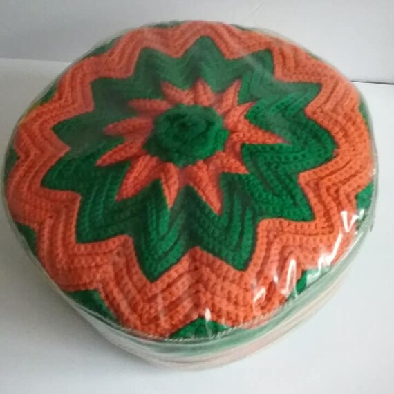 1960's Crocheted Green and Orange Pillow, Mid-century Mod