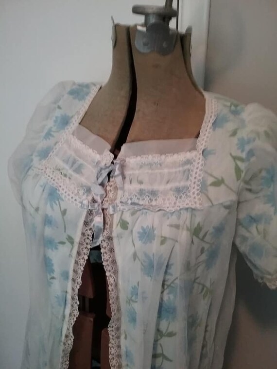 Vintage Blue Floral Sheer Duster, Retro Housecoat