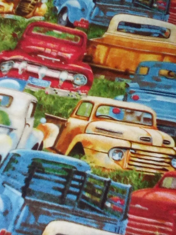 1 Yard Novelty Cotton Fabric, Vintage Trucks Packed, Vintage Style Trucks Print