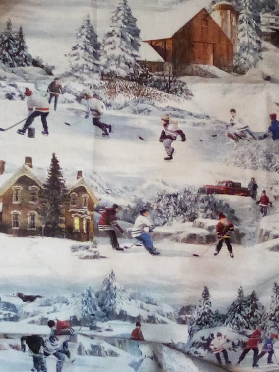 1 Yard Hometown Hockey Series, Cotton Fabric with Ice Hockey Theme, Old Time Outdoor Hockey, By Northcott Fabrics