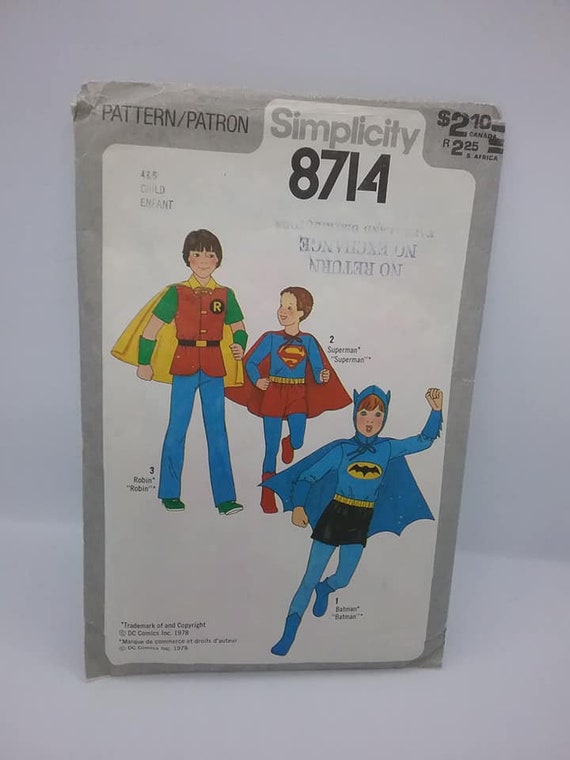Simplicity 1970's Comic Hero Sewing Pattern, Batman and Robin