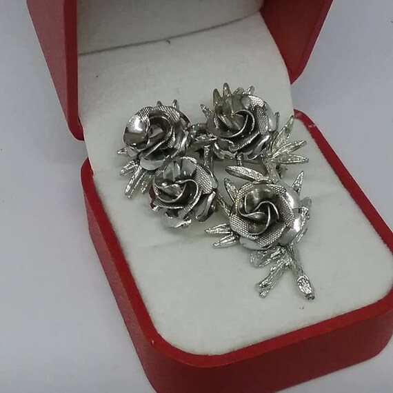 Vintage Coro Roses Brooch, Silver Tone, Hallmarked