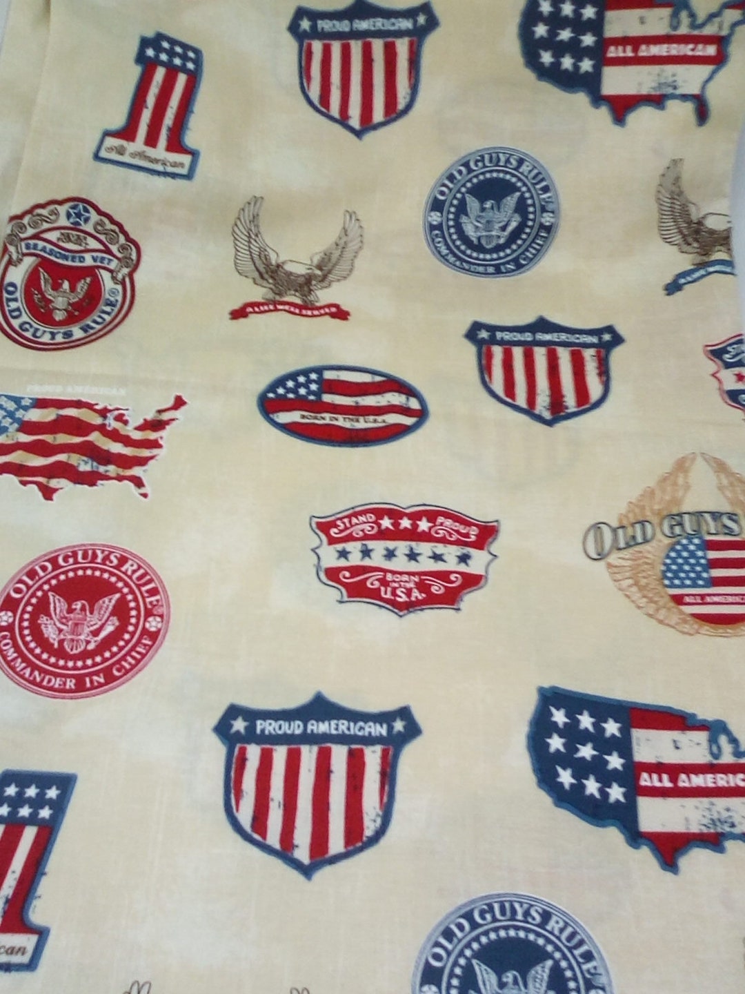 2 Yards Patriotic Old Guys Rule Military Badges Cotton Novelty Fabric