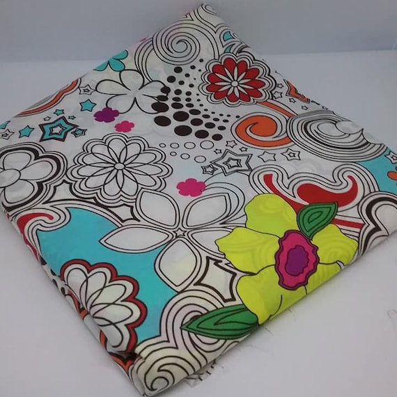 Retro Mod Material, 3 Yards Printed Cotton Fabric, 70's Flower Power