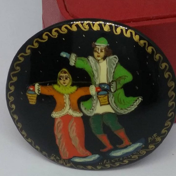 Vintage Russian Hand-painted Cameo, Palekh Laquered and Signed