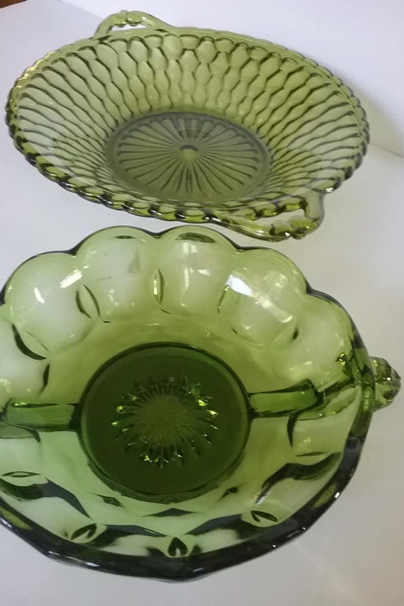 Vintage Carnival Green Glass Dishes, Indiana Glass