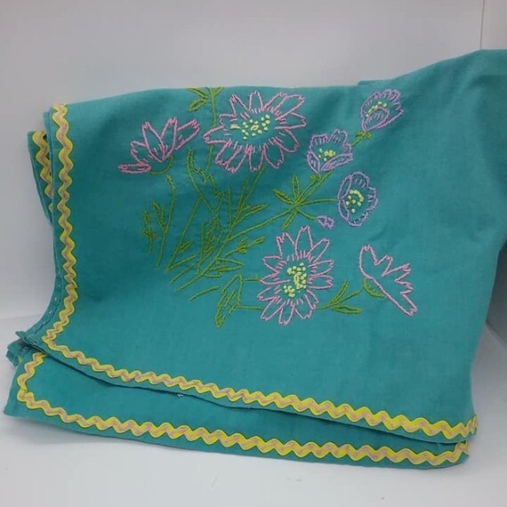 Hand Embroidered Turquoise Tablecloth, Square