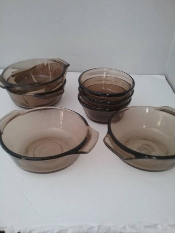 Smoked Glass Lovenware, Vintage Lovenware, Lovenware mini casserole and custard cups, Vintage Smoked Glass Lovenware Cook and Serve Ware