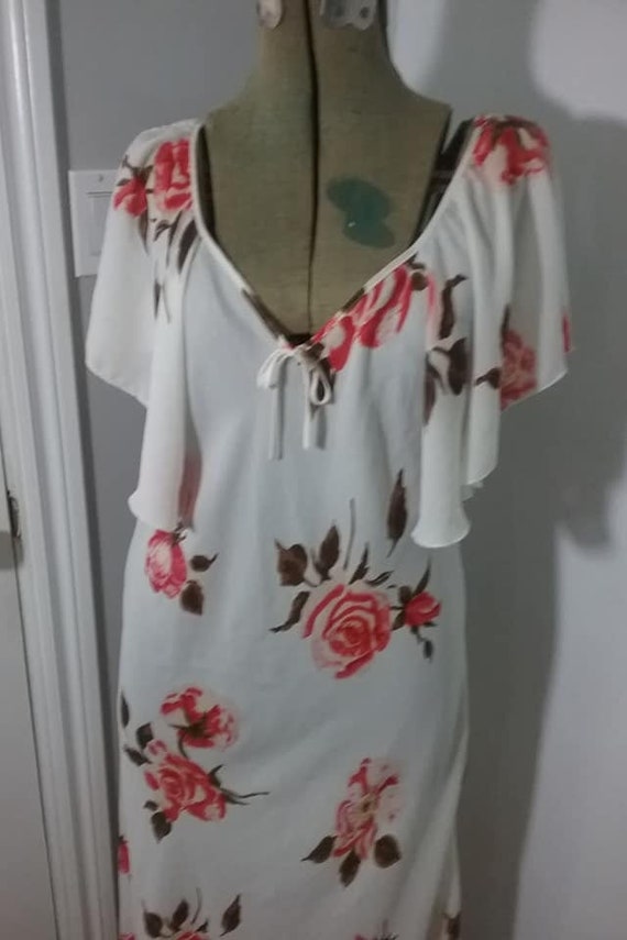 Vintage Sheer Boho Maxi, White with Coral Roses, A