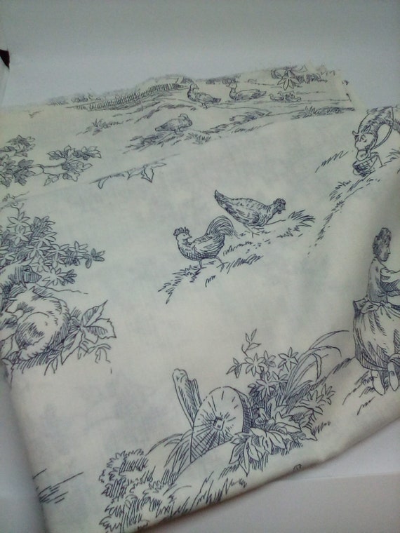 French Country Toile, Black and Cream Cotton, Vintage Style Material