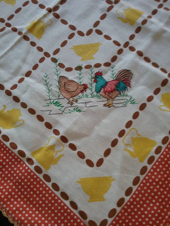 Vintage Square Table Cloth, Embroidered, Hen and Rooster