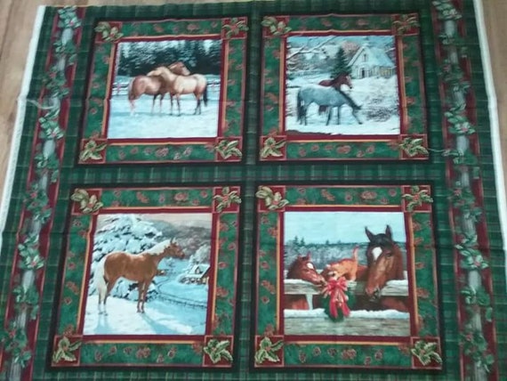 Fabric Pillow Panel, 4 Horse Scenes, Clayton Weirs, 100% Cotton
