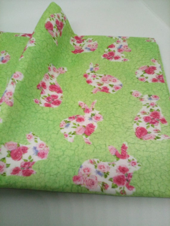 1 Meter Cotton Fabric, Bunny Love by Northcott, Rabbit Print Cotton Material, Roses Bunnies on Green