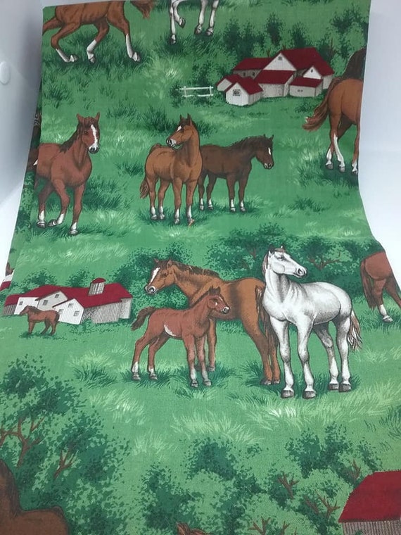 Country Chic Material, Horses and Barn, Green and Brown, 2 Yards Fabric,
