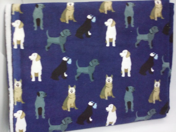 2 Yards Dog Print Flannel Material, Navy Blue Cotton Flannel, Dogs Print Fabric