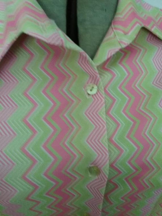Vintage Polyester Blouse, Pink and Green Chevron, Groovy