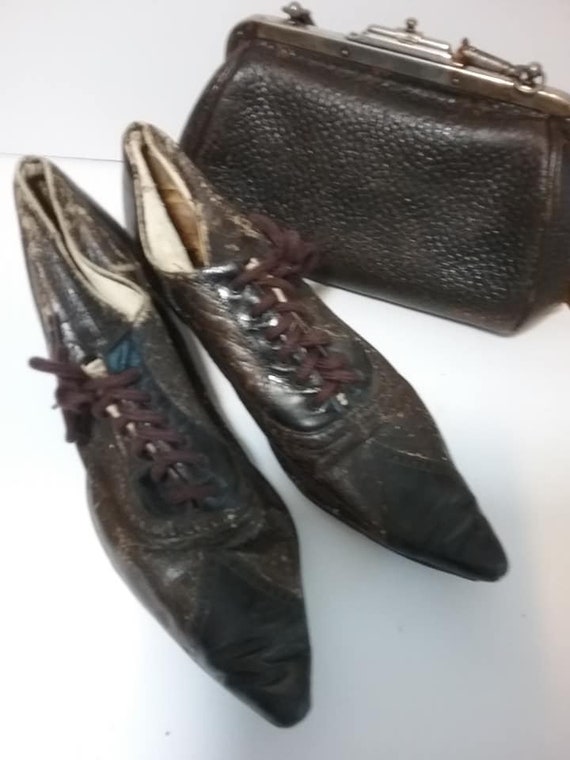 Black Antique Edwardian Leather Shoes and Matching