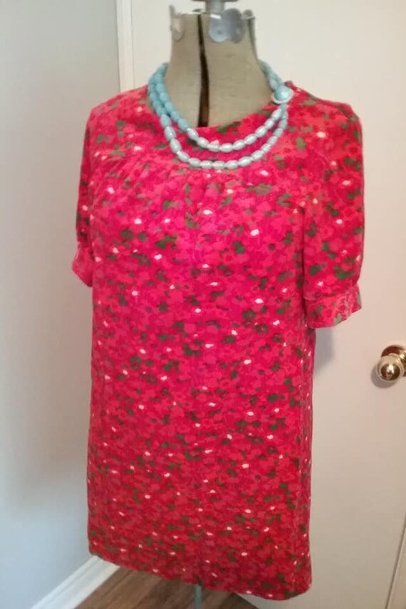 1970's Vintage Red Velour Mini Dress, pink floral