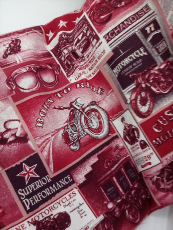 2 Yards Cotton Novelty Fabric, Vintage Style Motorbikes, Motorcycle Ride Material, Cotton Poplin in Red and Black