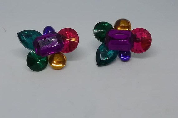 Vintage Pierced Cluster Earrings, Multi-colored, Faux Rhinestone