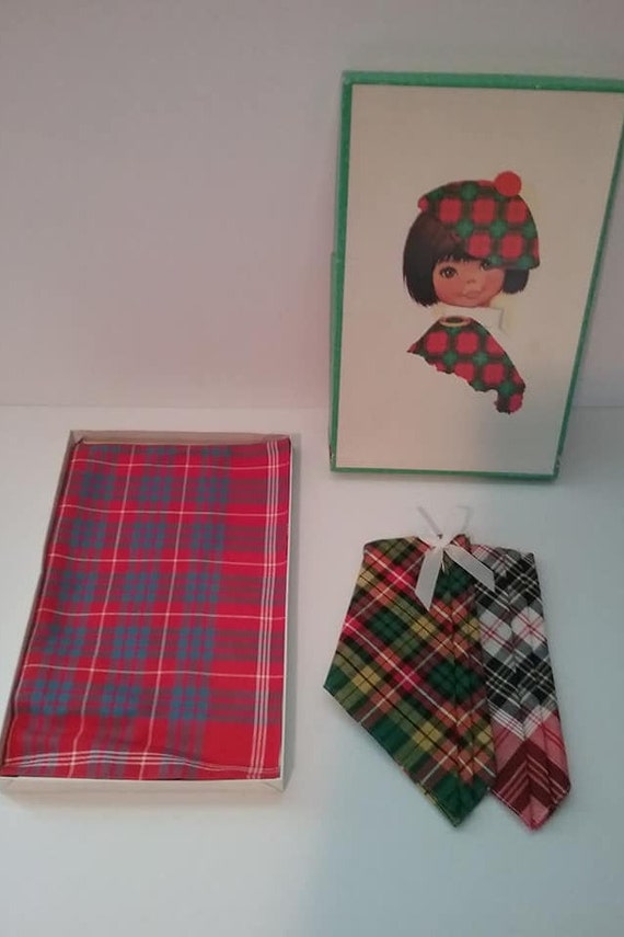 Set of 3 Vintage Tartan Handkerchiefs, Unused, Original Box