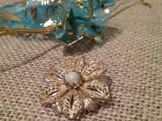 Vintage Filigree Flower Brooch, Faux Pearl