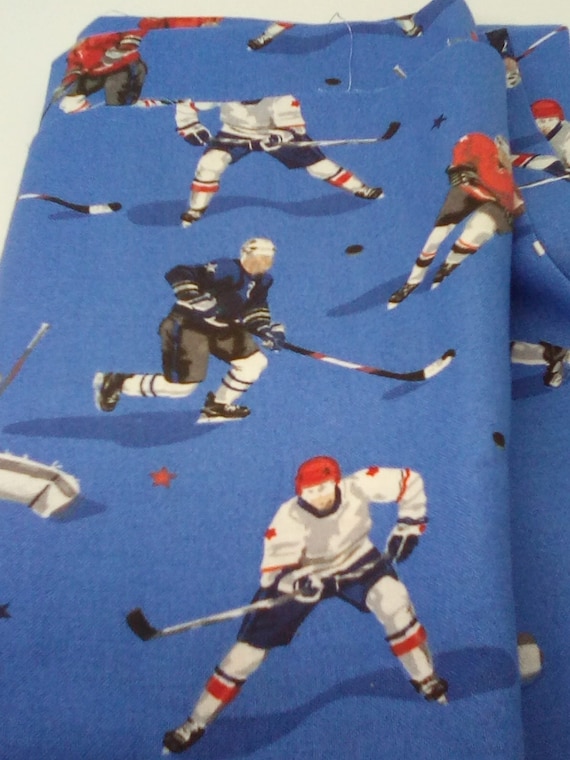 1 Yard Novelty Cotton Fabric, Hockey Players Print, Blue Cotton Fabric With Hockey Theme, 100% Cotton Fabric for Face Masks