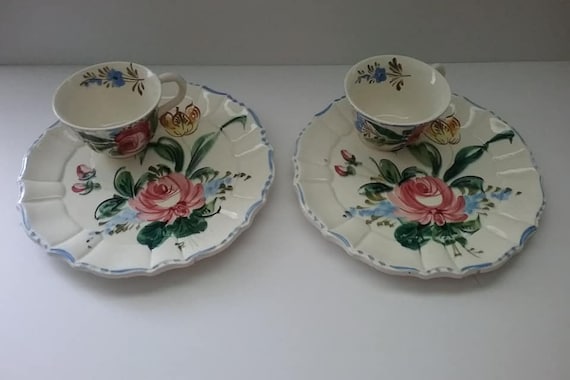 Vintage Italian Snack Plates and Cups, Vintage Made in Italy Floral Plate and Cup, Italian Hand Crafted Snack Plate and Cup, Matching Set