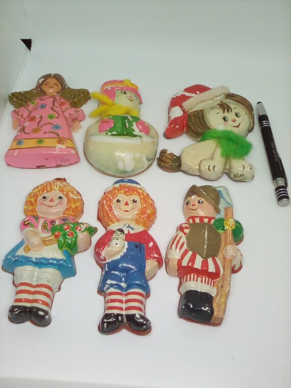 Vintage 1960's Molded Celluloid Plastic Christmas Ornaments, Set of 6 AISA 1960's Christmas Tree Ornaments, Vintage Xmas Tree Decorations