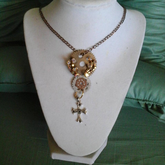 Steampunk Rhinestone Necklace, Cross and Gear Pendant, One-of-a-kind