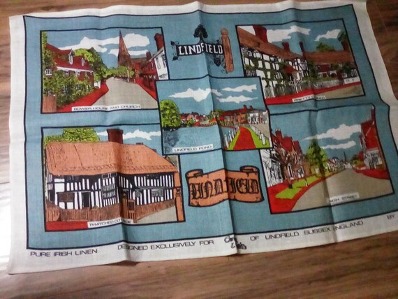 Irish Linen Tea Towel, Lindfield Sussex England Landmarks, British Linen Souvenir Towel