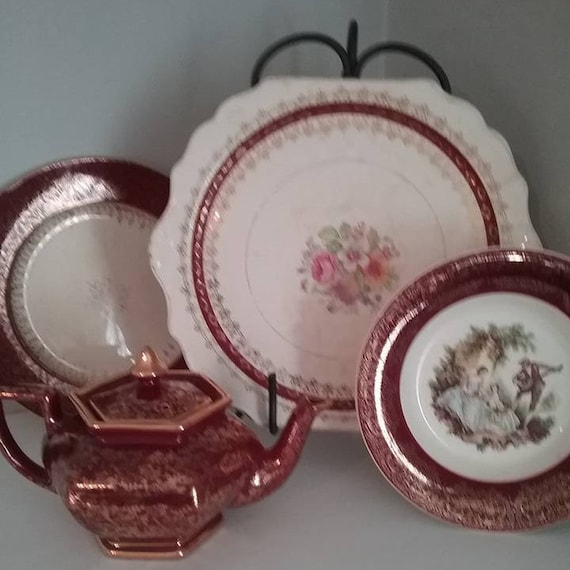 Vintage Mismatched Tea Set, Burgundy China Teapot and Dishes,