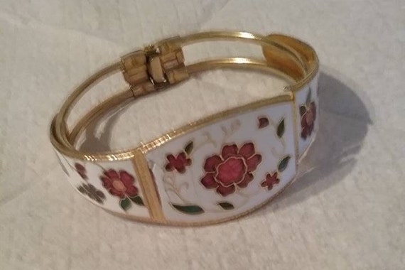 Vintage Floral Enamel Cloisonne Hinged Cuff,