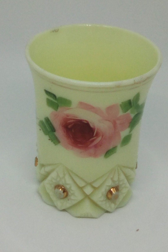 Antique Vaseline Custard Glass, Krys-Tol Signed Diamond and Peg Glass, Hand painted Rose on Custard Cut Glass, Toronb 1912 Souvenir