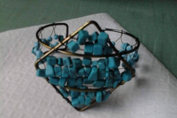 Vintage Beaded and Wired Cuff, Turquoise Stone Cuff, Retro Wire and Gemstone Cuff, Properties to Speed Healing and Brings Abundance