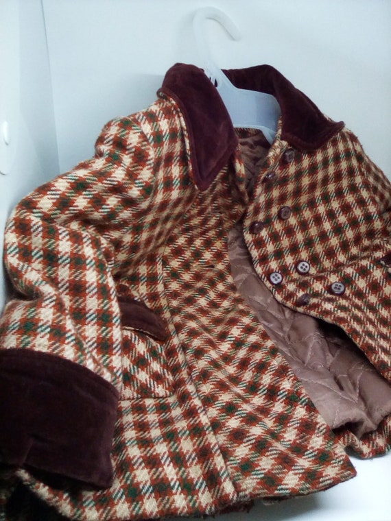 1960's Child's plaid Dress Coat, Vintage Velvet Trimmed Little Girls Coat, Wool Blend Coat with Quilted Lining