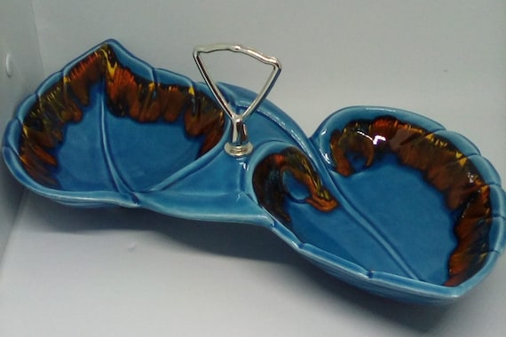 Vintage 1950's Serving Dish Pottery, Mid Century Modern Blue Double Sided Pottery Dish, Signed Maurice of California