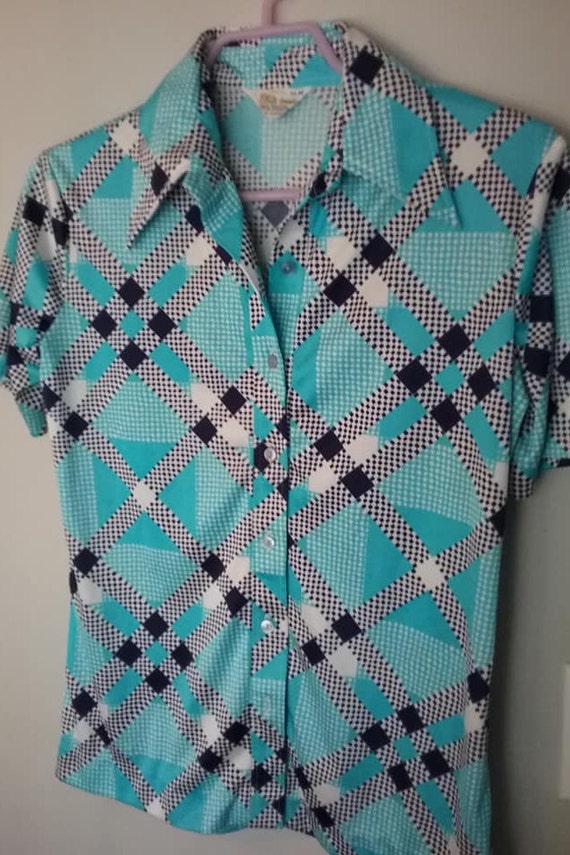 Vintage 70's Polyester Blouse Short Sleeve, Disco