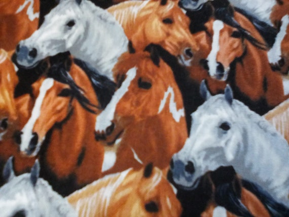 2 Yards Cotton Novelty Fabric, Horses Theme, Horse Collage Material