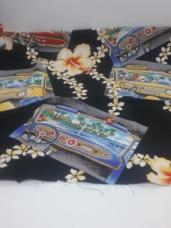 Novelty Hawaiian Material, Car Dashboard, Hibiscus and Tiki, Rayon Blend Fabric