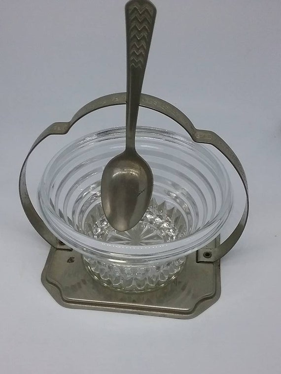 Vintage Glass Compote Dish, Silver Tone Stand, and Spoon